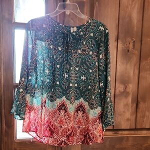 Cato Teal and Red Patterned Blouse